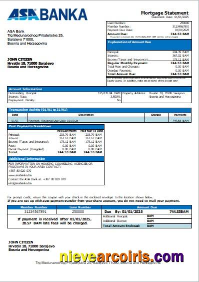 Bosnia and Herzegovina ASA Banka bank mortgage statement